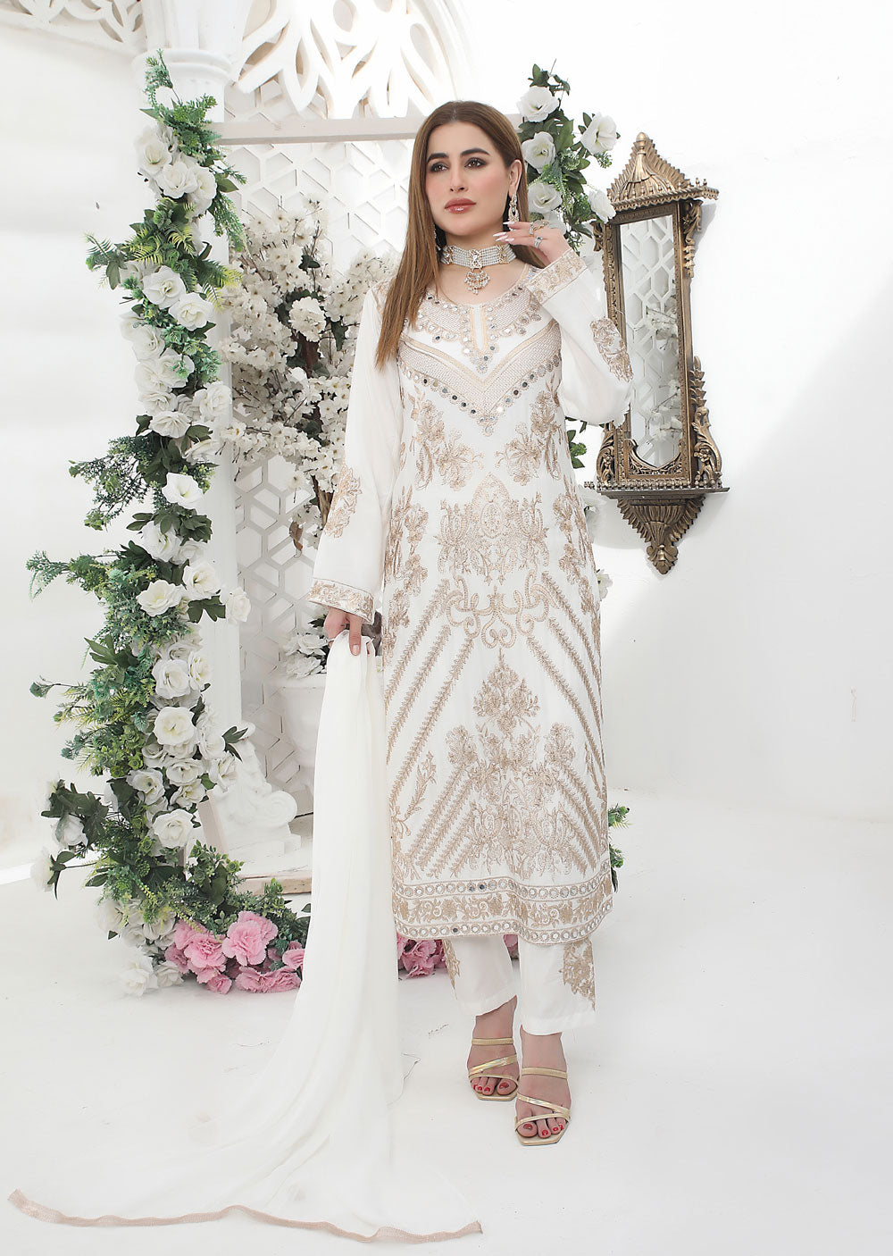 HK192 Barzakh White Readymade Linen Mother & Daughter Suit - Memsaab Online