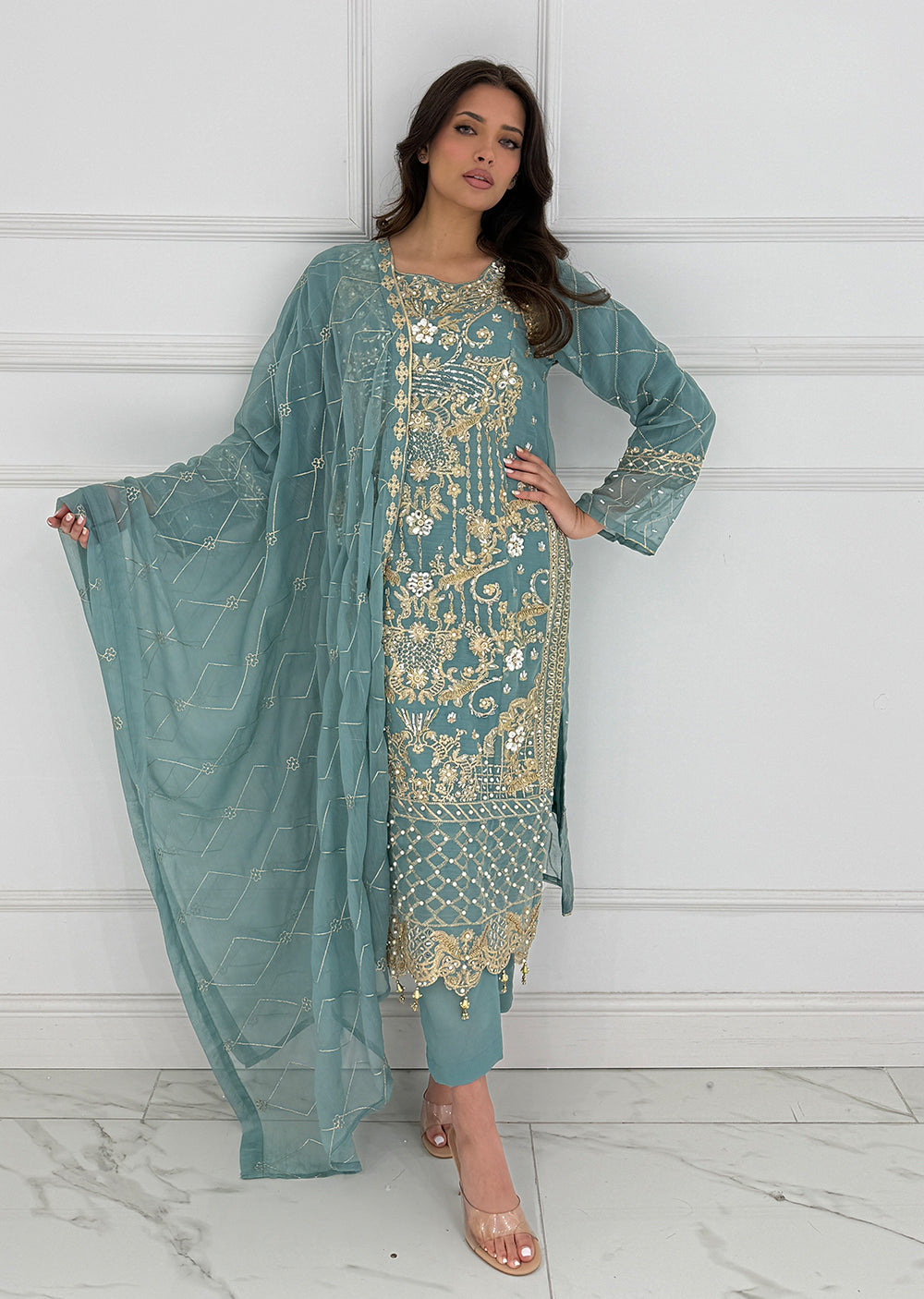 SLM614 Yaya - Readymade Green Chiffon Outfit - Memsaab Online