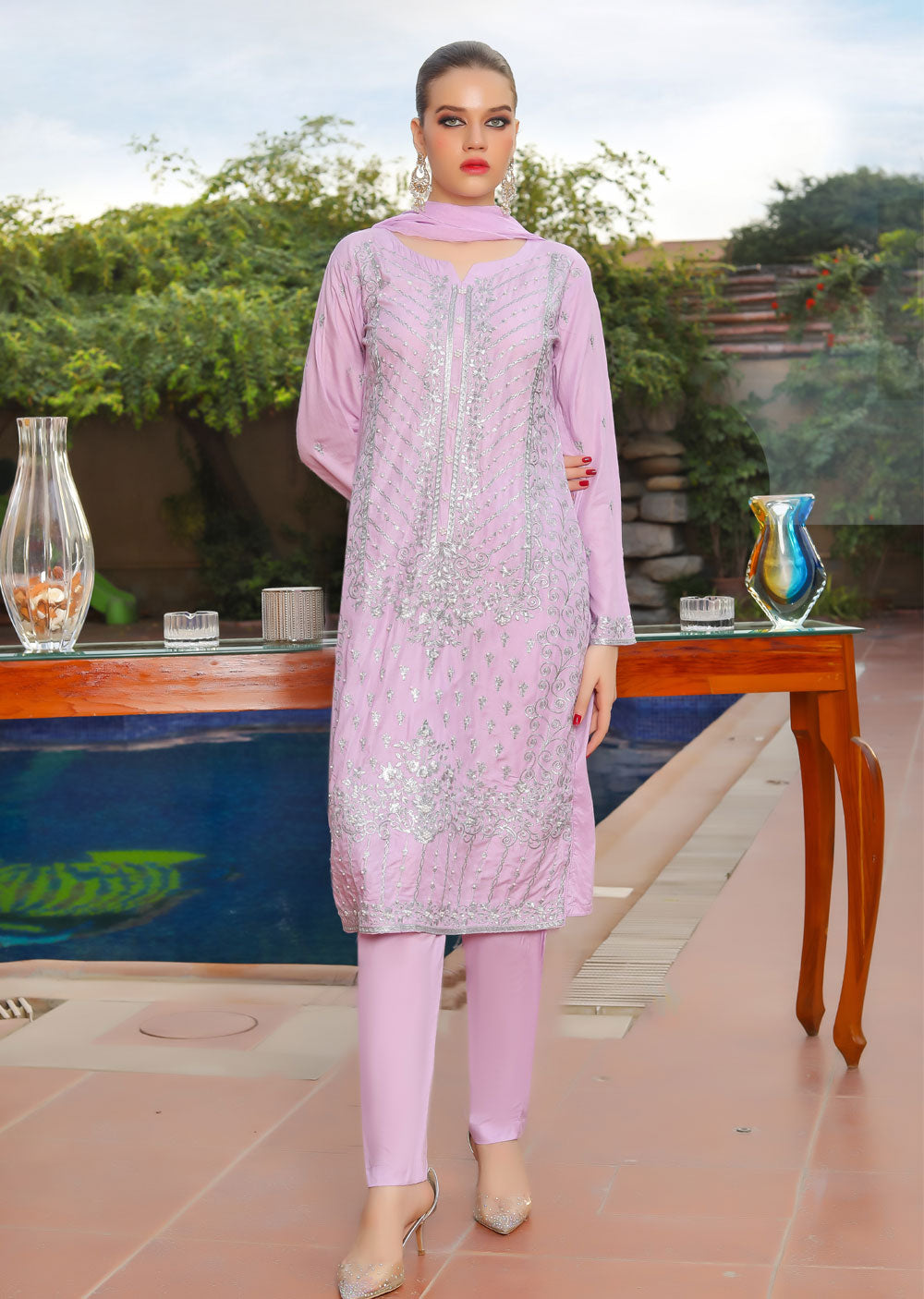 HK217 Syma - Lilac Readymade Linen Suit - Memsaab Online