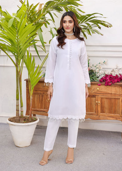 HK233 Saha - White Readymade Raw Silk Suit - Memsaab Online