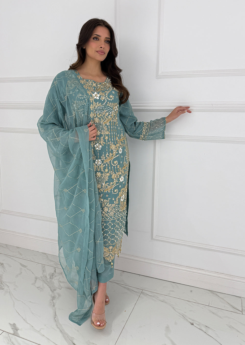 SLM614 Yaya - Readymade Green Chiffon Outfit - Memsaab Online