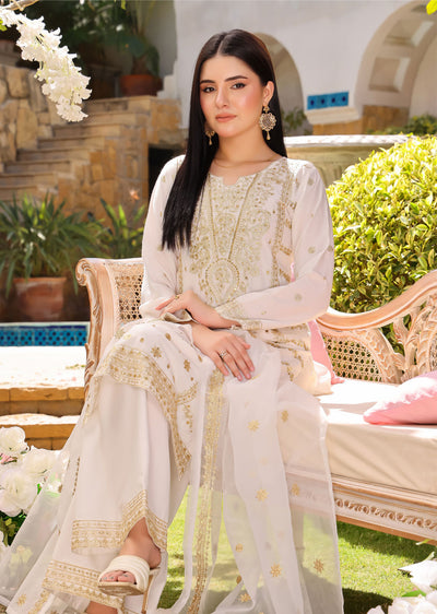 HK257 Dahlia - White Readymade Linen Suit - Memsaab Online