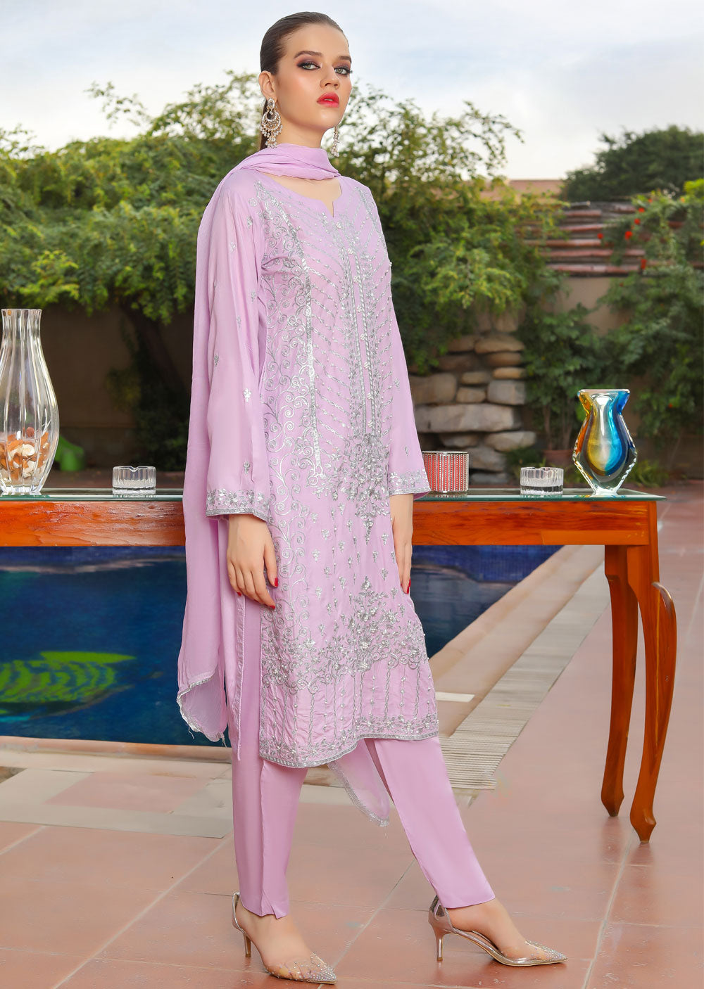 HK217 Syma - Lilac Readymade Linen Suit - Memsaab Online