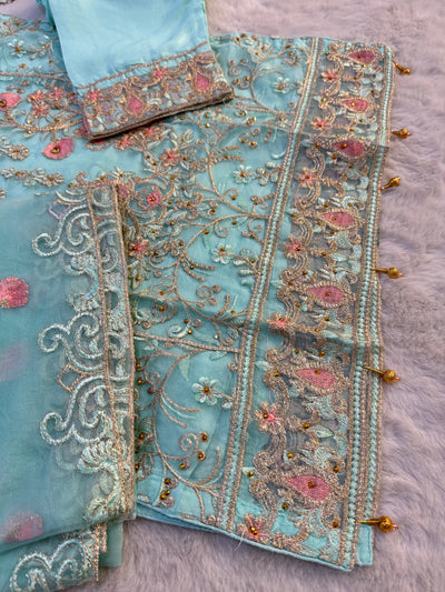 ASK663 Readymade Organza Green Suit - Memsaab Online