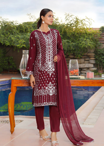 HK217 Syma - Maroon Readymade Linen Suit - Memsaab Online