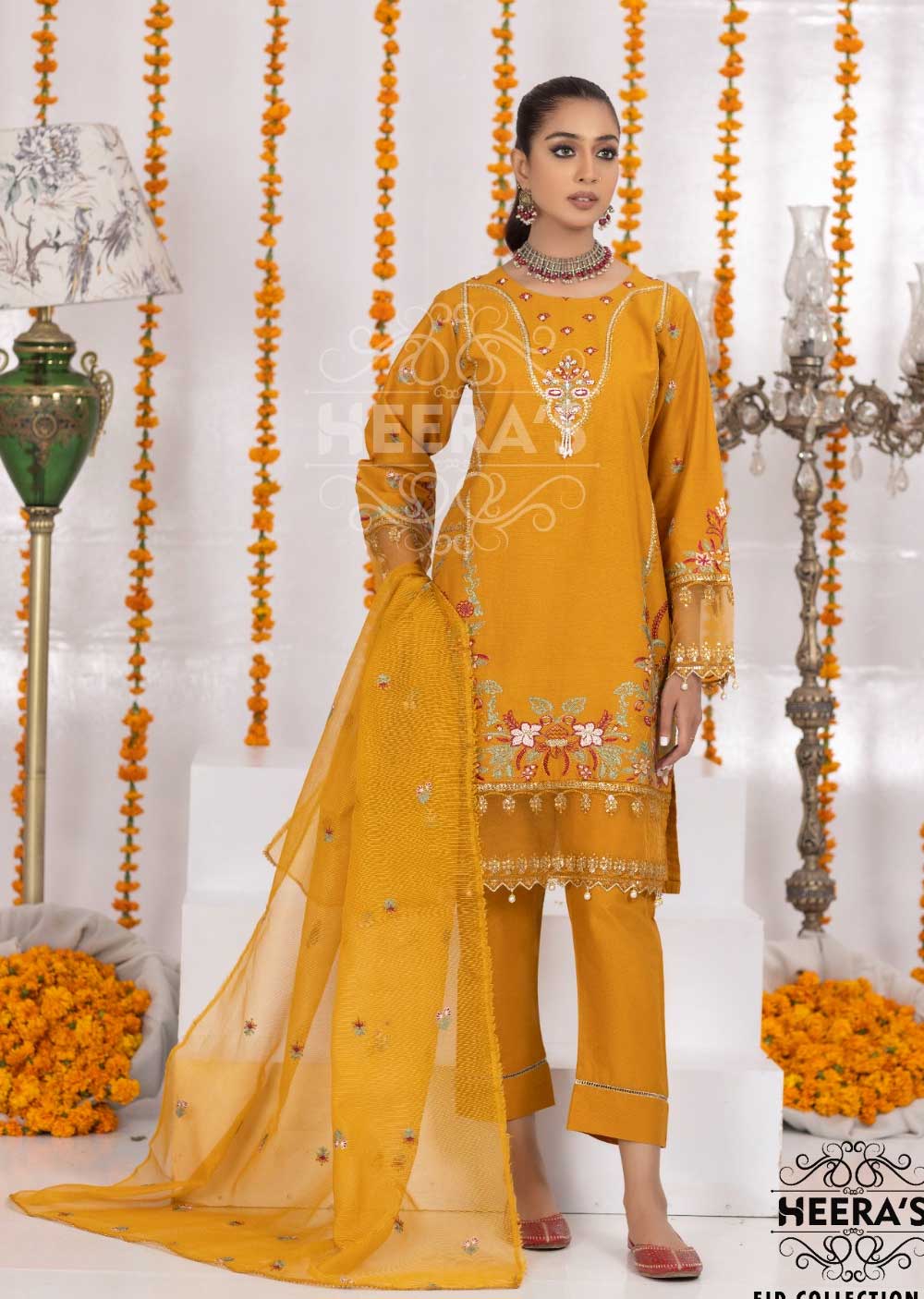 HSS-31 Readymade Mustard Lawn Suit - Memsaab Online