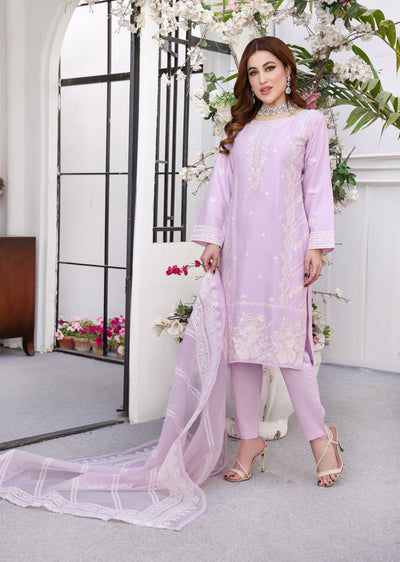 HK247 - Lilac Readymade Linen Suit - Memsaab Online