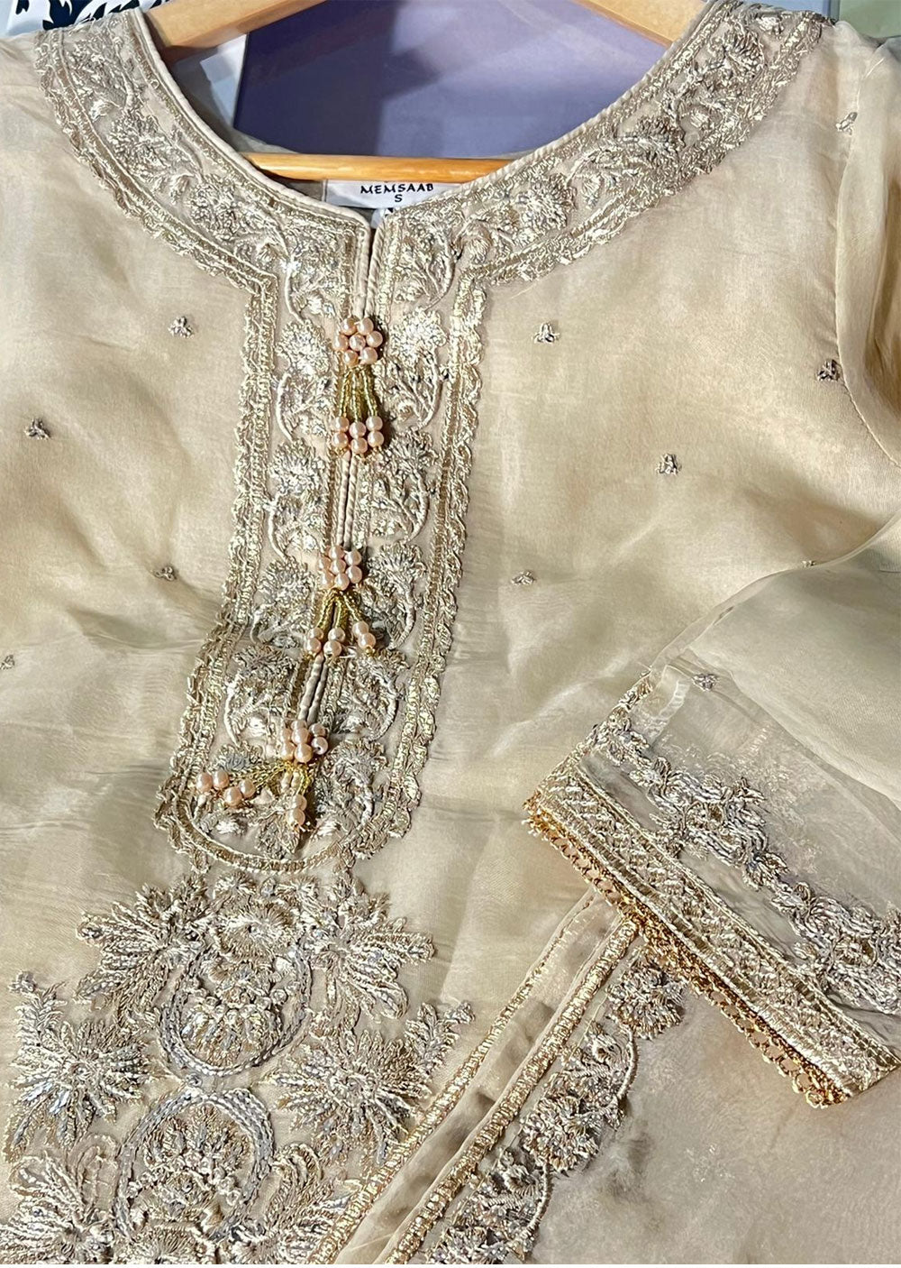 KLD323 Maya - Gold Readymade Organza Suit - Memsaab Online