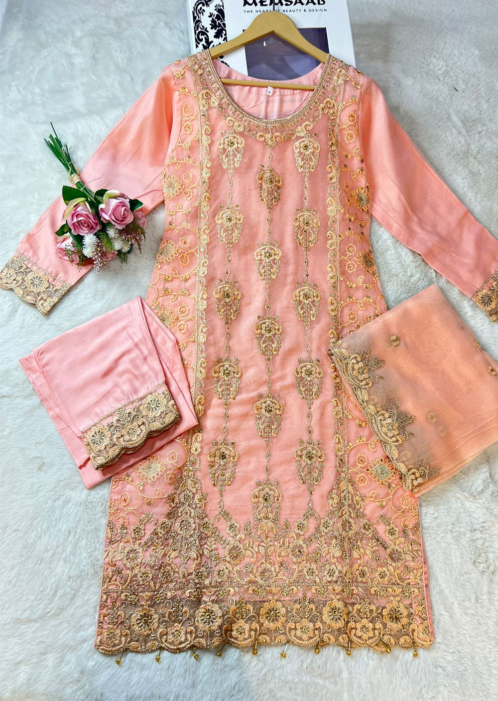 ASK632 Readymade Organza Pink Suit - Memsaab Online