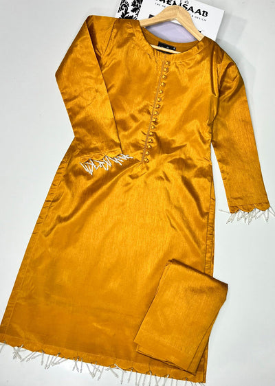 HK233 Saha - Orange Readymade Raw Silk Suit - Memsaab Online