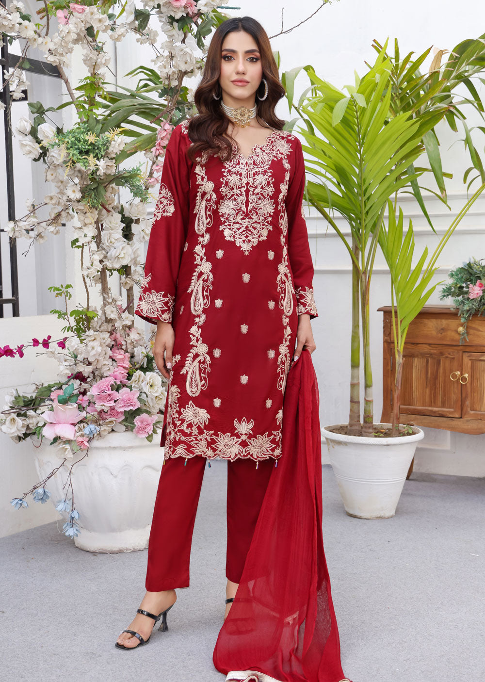 HK246 Rainma - Maroon Readymade Linen Suit - Memsaab Online