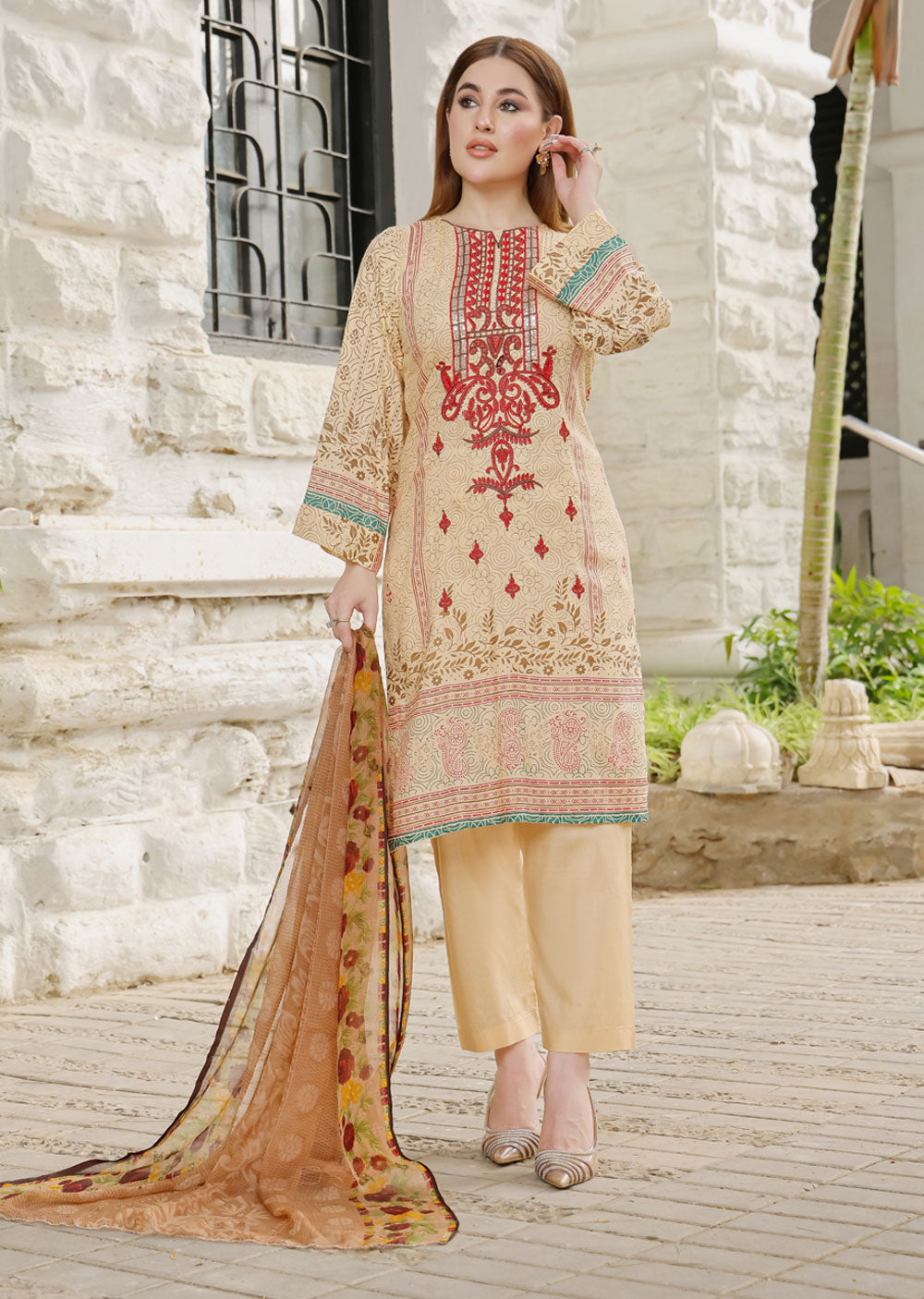 AMT48011 - Gold/Red Readymade Lawn Suit - Memsaab Online