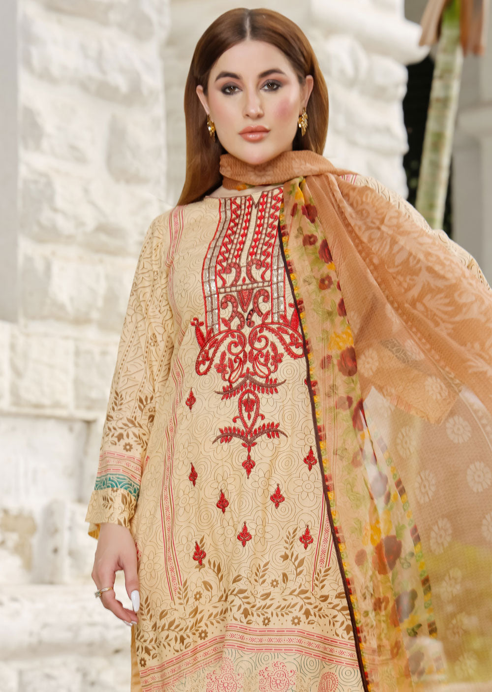 AMT48011 - Gold/Red Readymade Lawn Suit - Memsaab Online