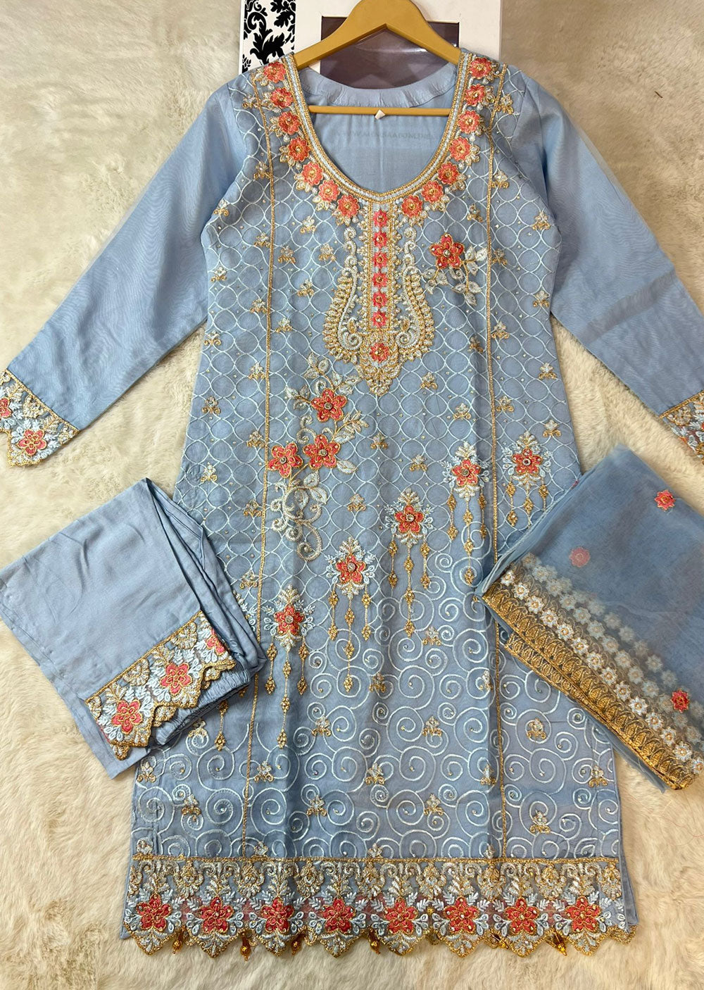 ASK635 Readymade Organza Blue Suit - Memsaab Online