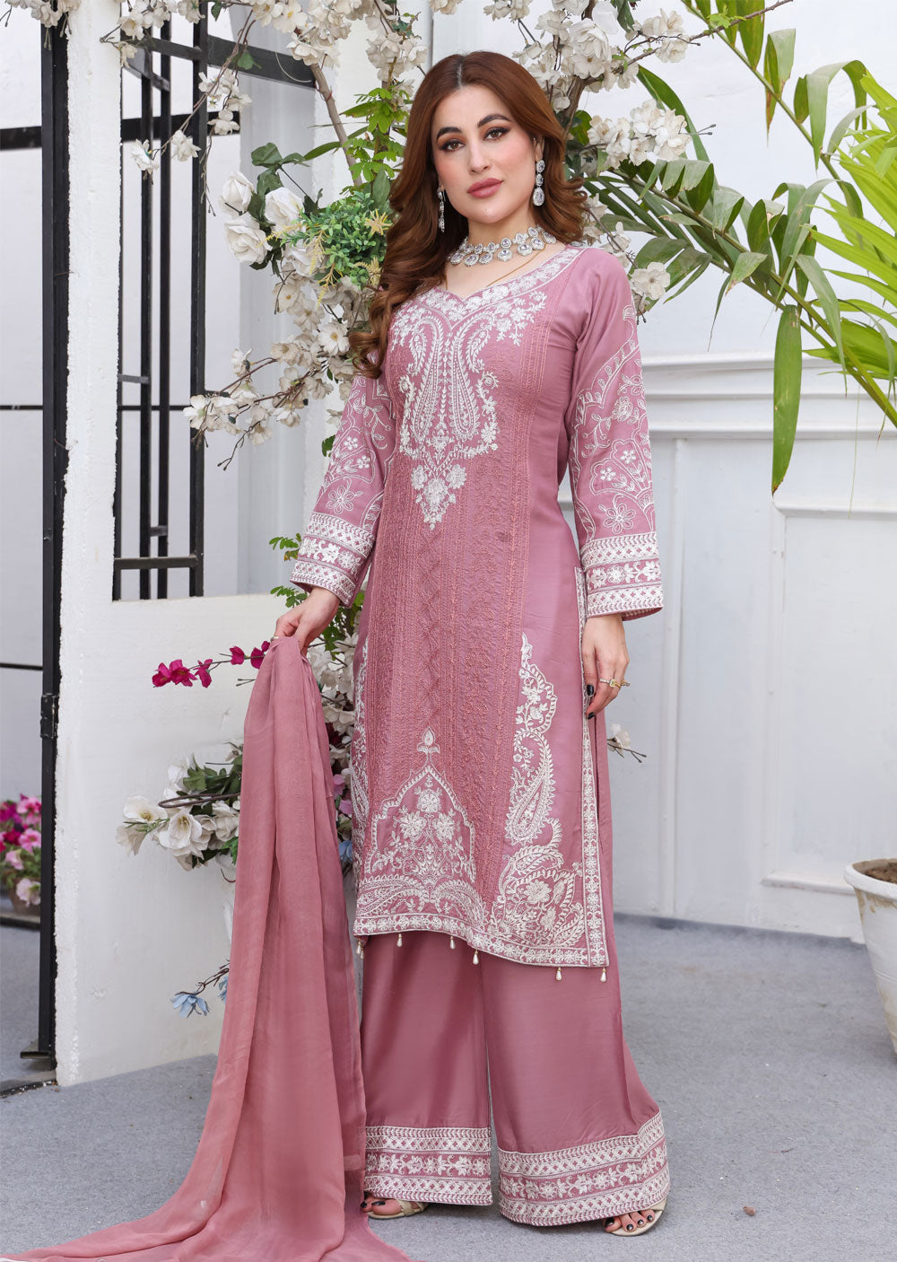 HK234 Jaan - Pink Readymade Linen Suit - Memsaab Online