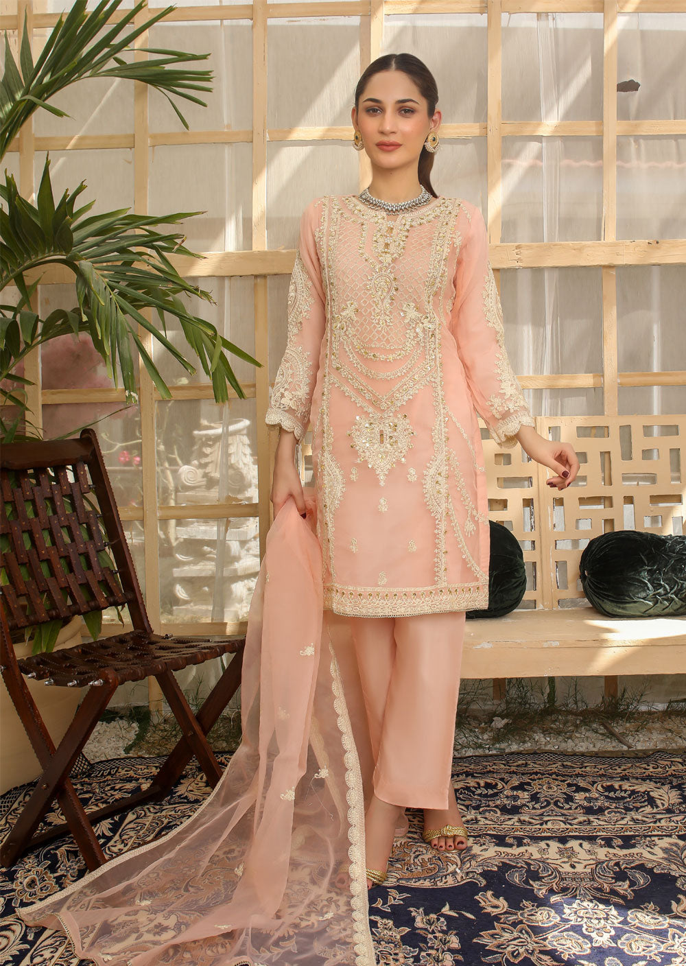 KLD210 Afra - Pink Readymade Organza Suit - Memsaab Online