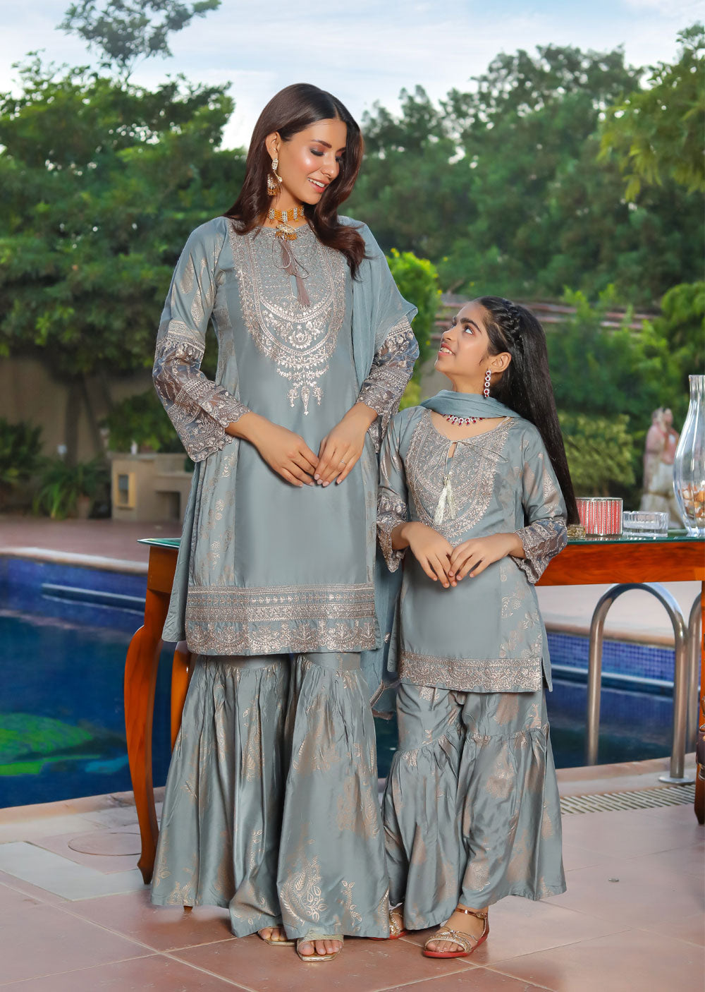 HK181 Bekhud Readymade Grey Linen Mother & Daughter Suit - Memsaab Online