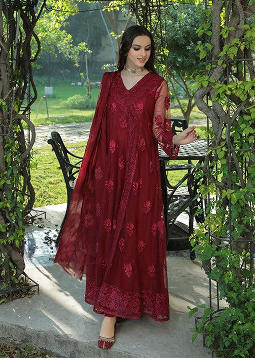 Afsana - Readymade 3 Piece Garnet Suit - Memsaab Online