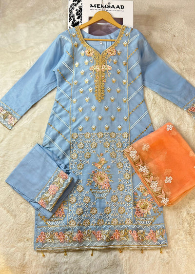 ASK638 Readymade Organza Blue Suit - Memsaab Online