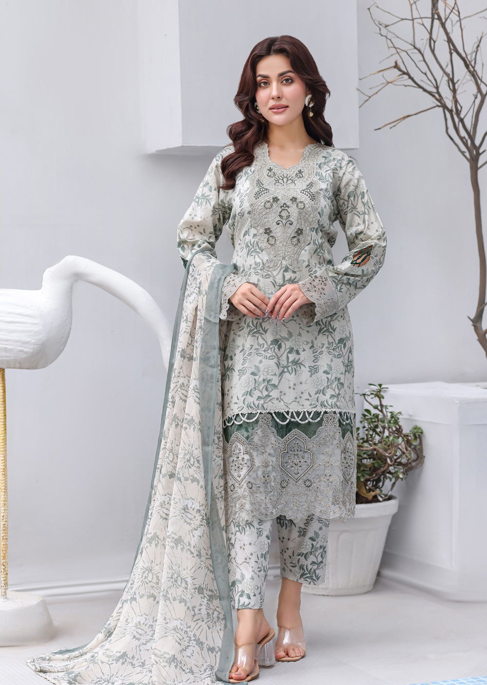 MDNA-19 - Grey Embroidered Lawn Outfit - Memsaab Online