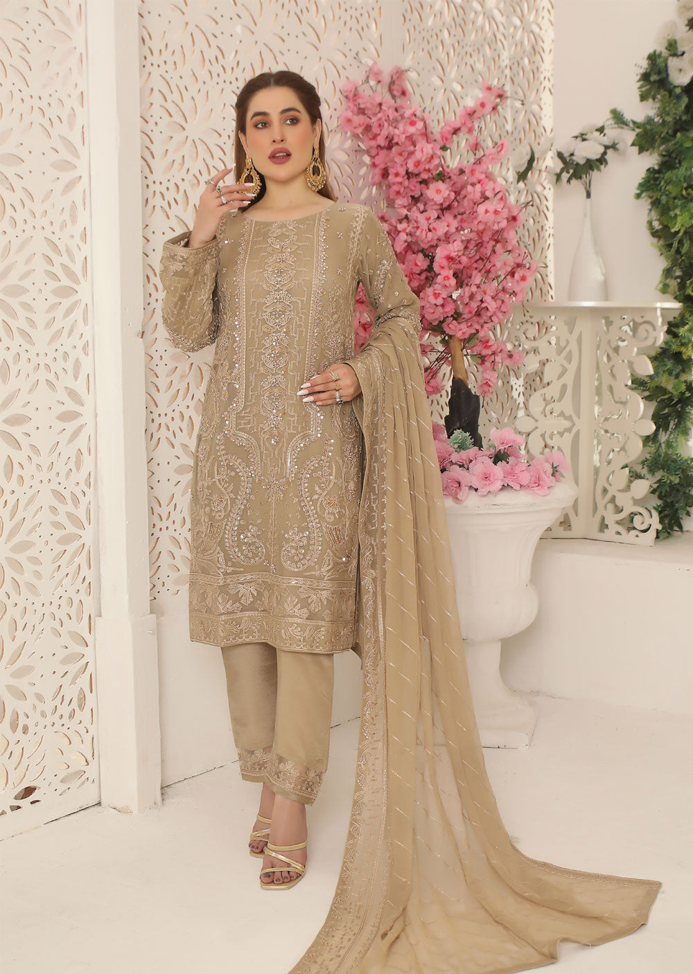 PS0782 Readymade Beige Chiffon Suit - Memsaab Online