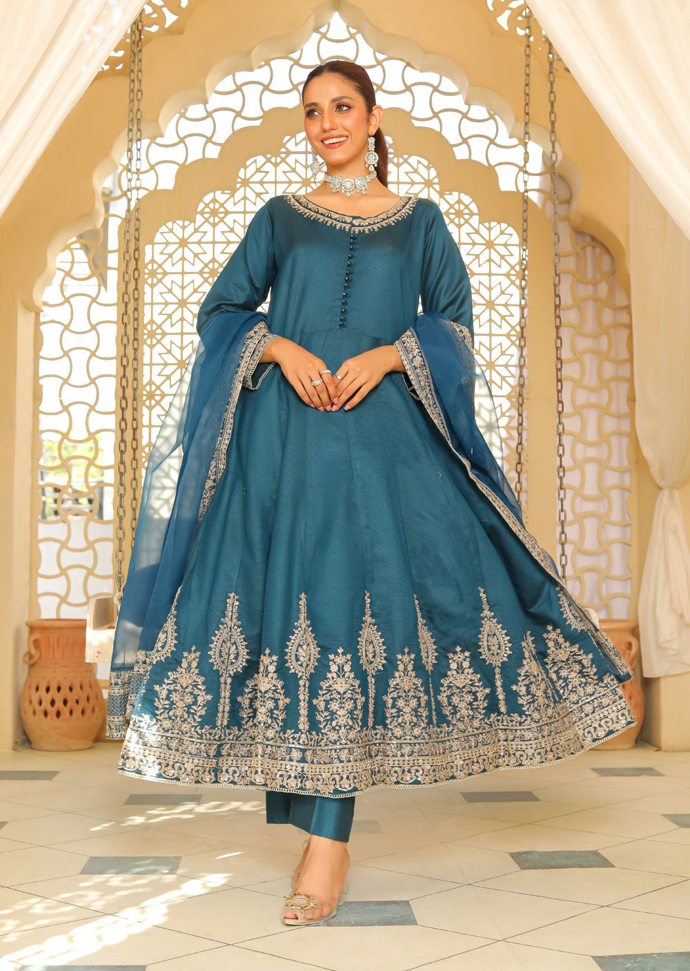 KLD318 / KLD1037 Iman - Teal Readymade Organza dress - Memsaab Online