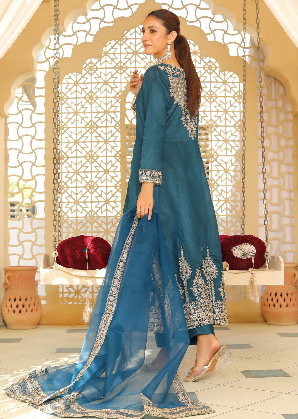 KLD318 / KLD1037 Iman - Teal Readymade Organza dress - Memsaab Online