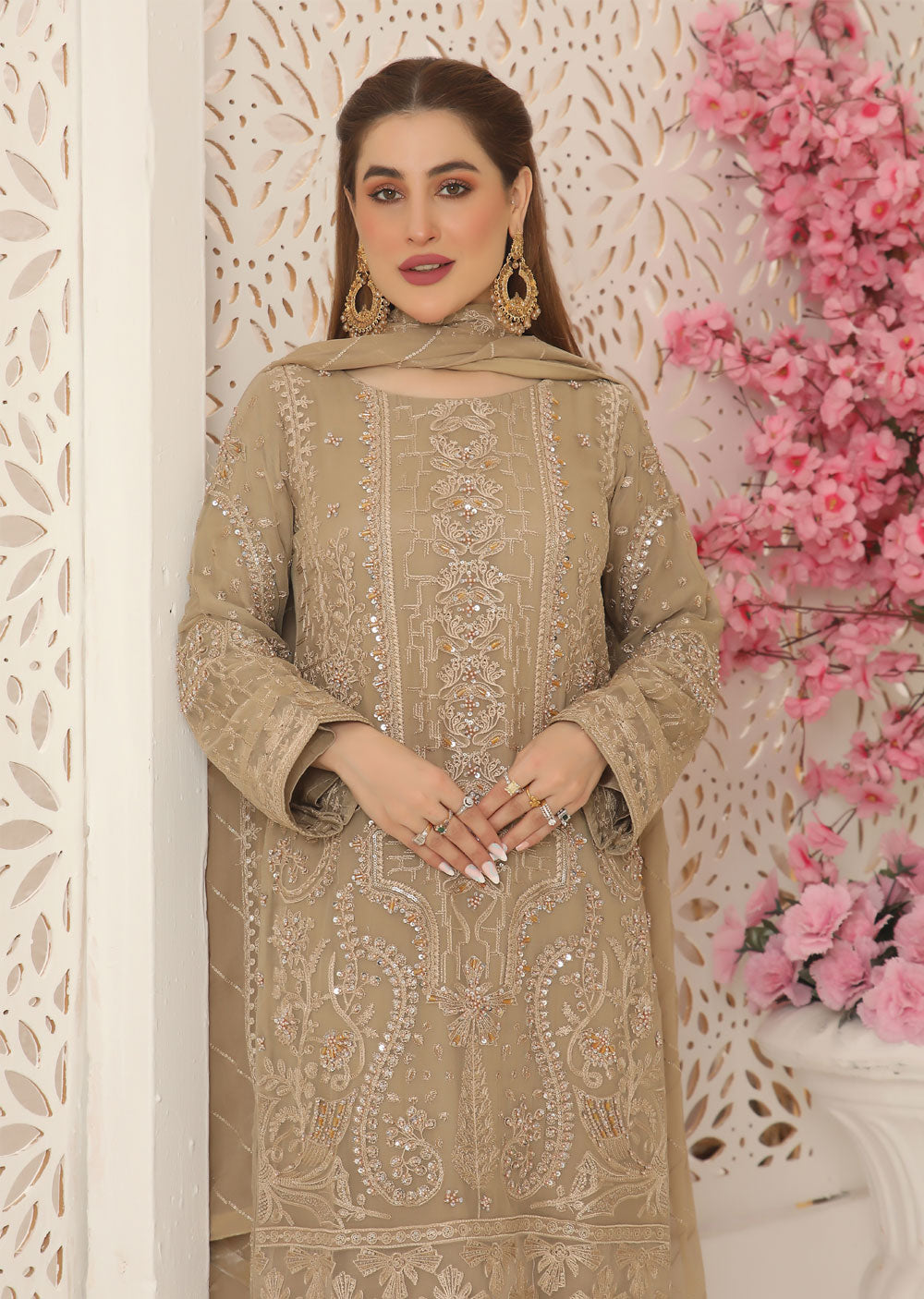 PS0782 Readymade Beige Chiffon Suit - Memsaab Online