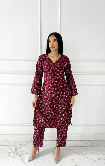 BUT-119- Maroon- S.Prints Printed Lawn Co-ords - Memsaab Online