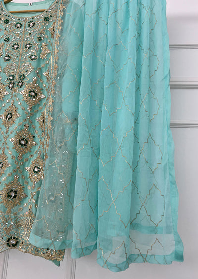 SLM612 Kiswa - Readymade Turquoise/Green Chiffon Outfit - Memsaab Online