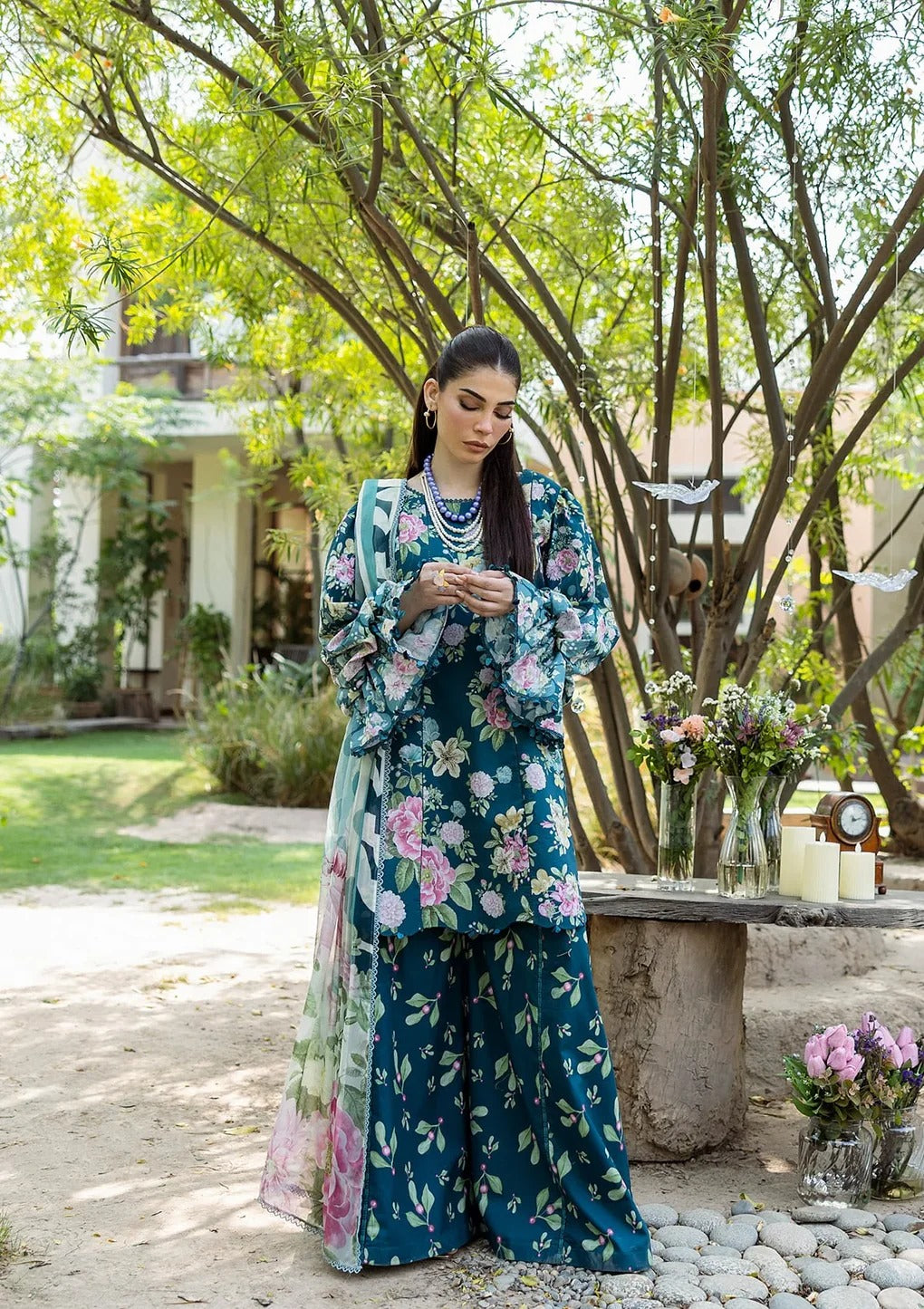 ELFECD-01-B- Azure Fern - Readymade - Elaf Prints Collection 2025 - Memsaab Online
