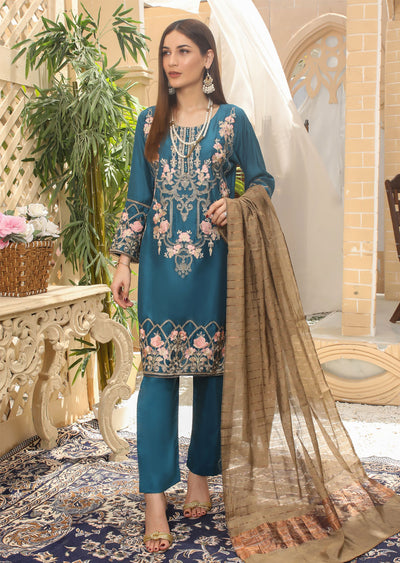 KLD203 Rosewood - Readymade Teal Viscose Suit - Memsaab Online