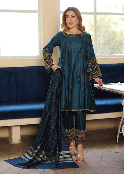 KLD306 Liyana - Teal Readymade Khadi Net Suit - Memsaab Online