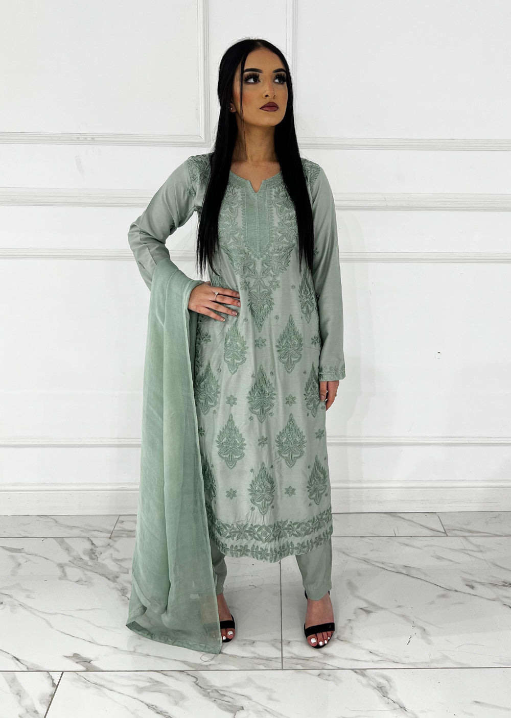 HK295 - Green - Mummy n Me Linen Outfit - Memsaab Online