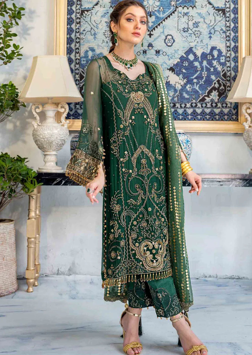 Bottle Green - Meeral Readymade Organza Suit - Memsaab Online