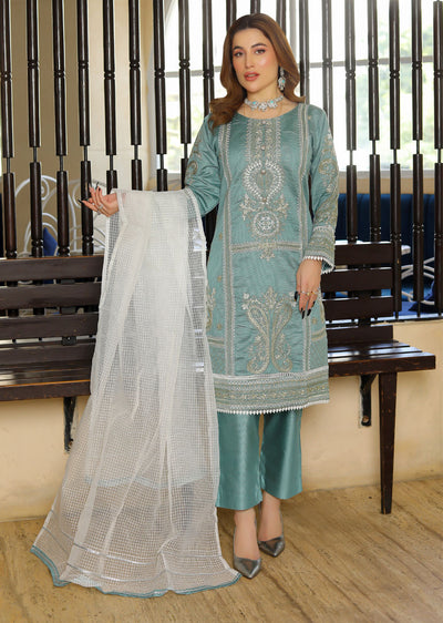 KLD304 Effat - Cyan Readymade Khadi Net Suit - Memsaab Online