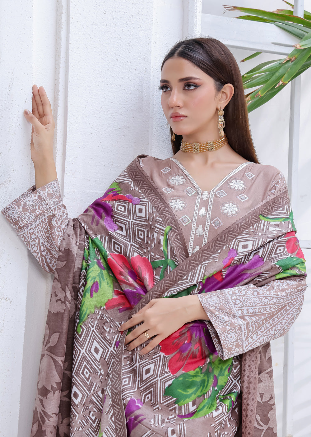 AMT5103 - Brown Readymade LInen Shawl Suit - Memsaab Online