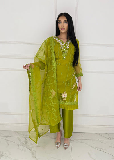 UMR802 - Mendhi Green Organza Suit - Memsaab Online