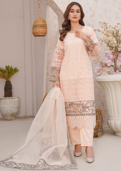 ANI101 Peach readymade Chickenkari Suit - Memsaab Online