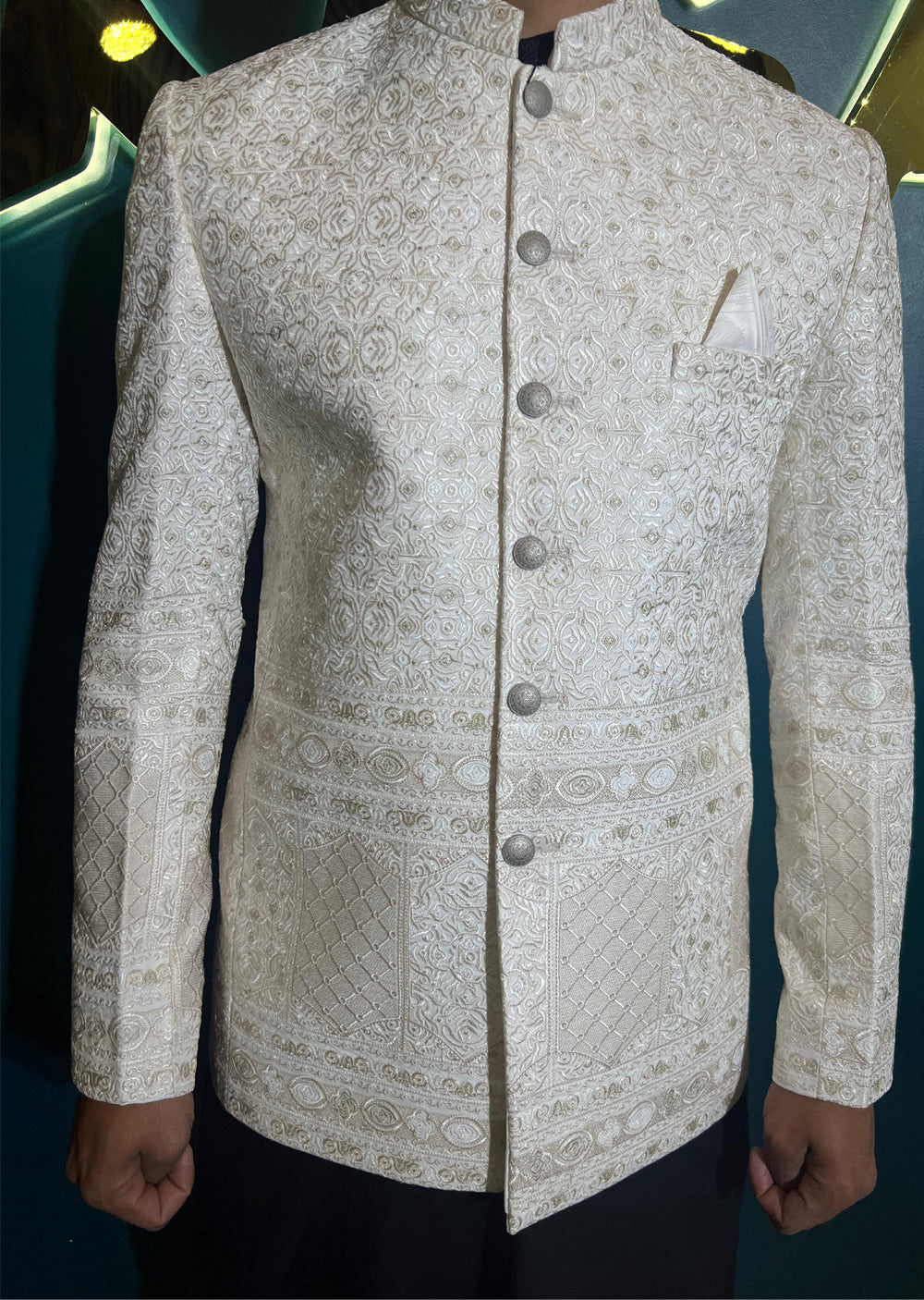 PC-703 - White Mens Embroidered Prince Coat - Memsaab Online