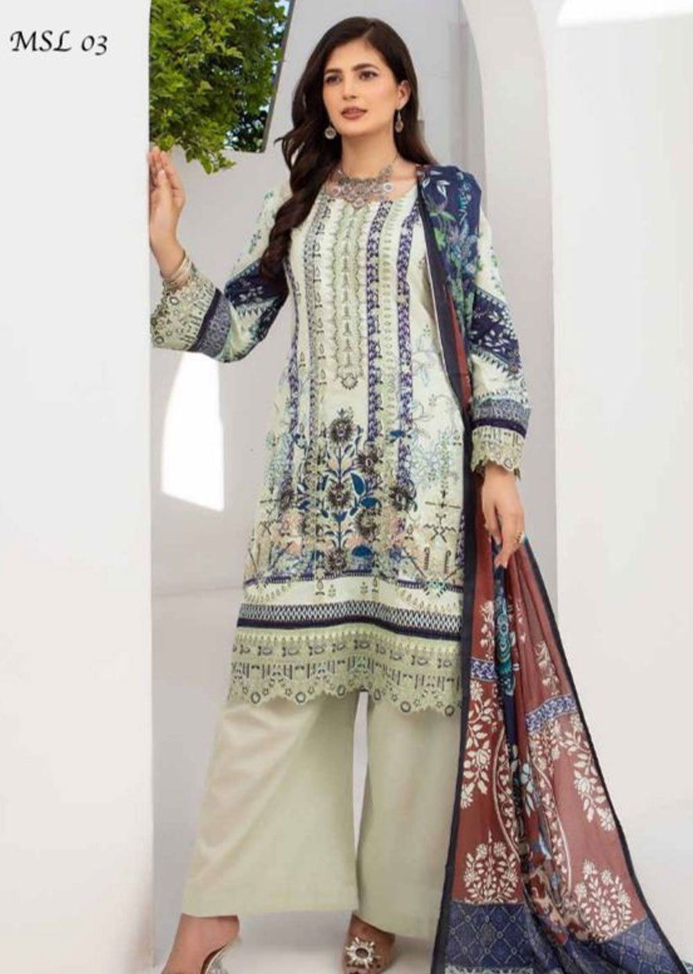 MSDL-03-R - Readymade - Munira Digital Lawn Suit 2024 - Memsaab Online