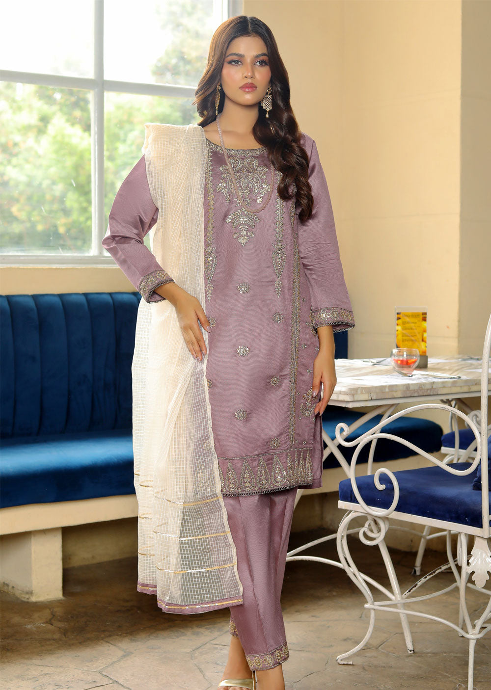 KLD316 Falak - Lilac Readymade Khadi Net Suit - Memsaab Online