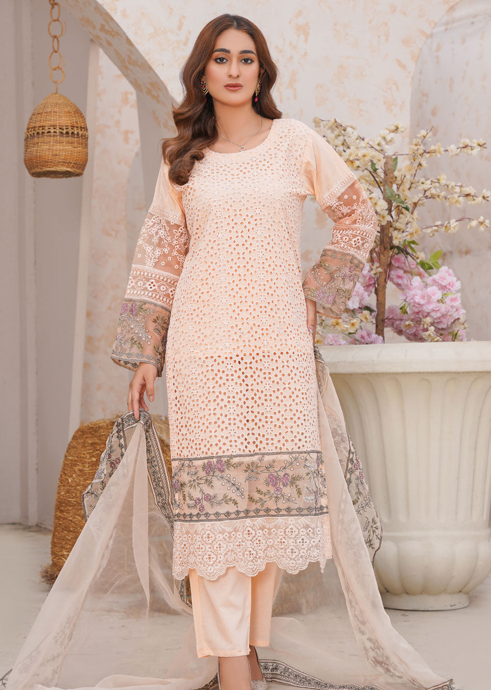 ANI101 Peach readymade Chickenkari Suit - Memsaab Online