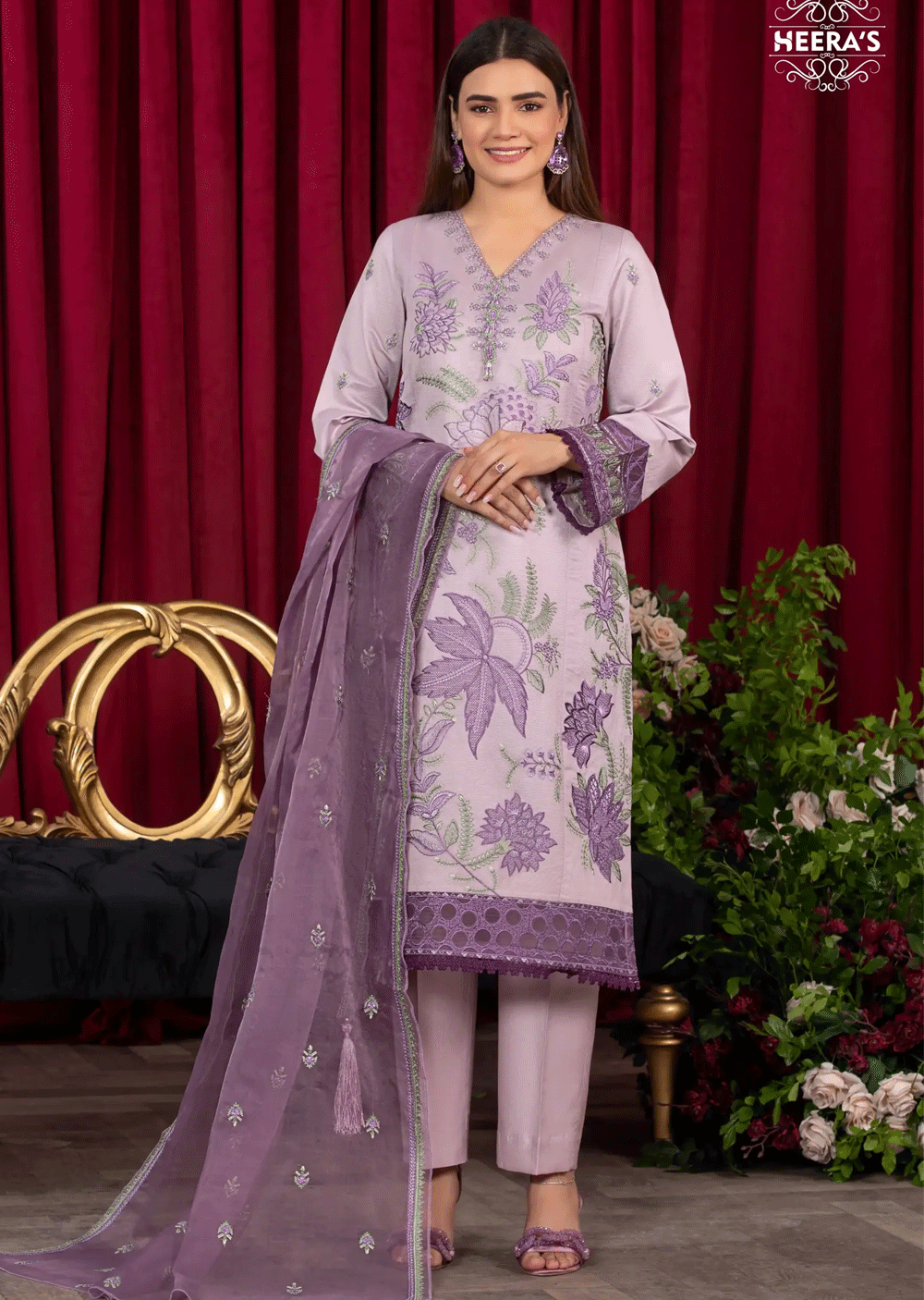 HSS-162 - Readymade - Royal Lilac Embroidered Suit by Heeras - Memsaab Online