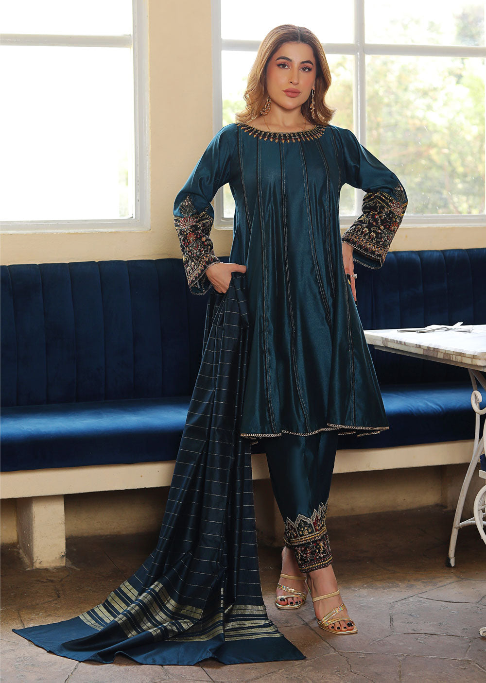 KLD306 Liyana - Teal Readymade Khadi Net Suit - Memsaab Online