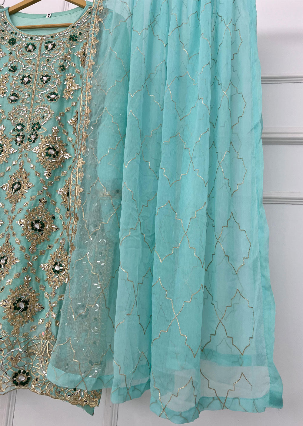 SLM612 Kiswa - Readymade Turquoise/Green Chiffon Outfit - Memsaab Online