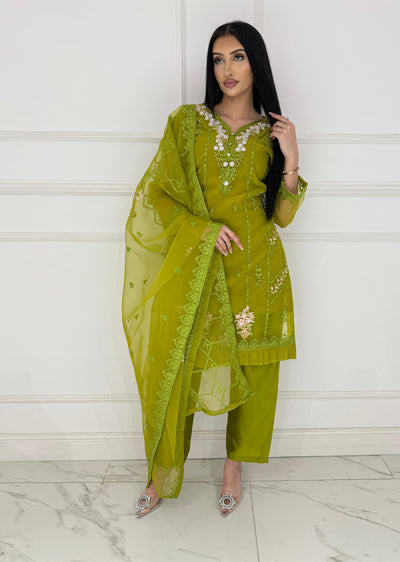 UMR802 - Mendhi Green Organza Suit - Memsaab Online