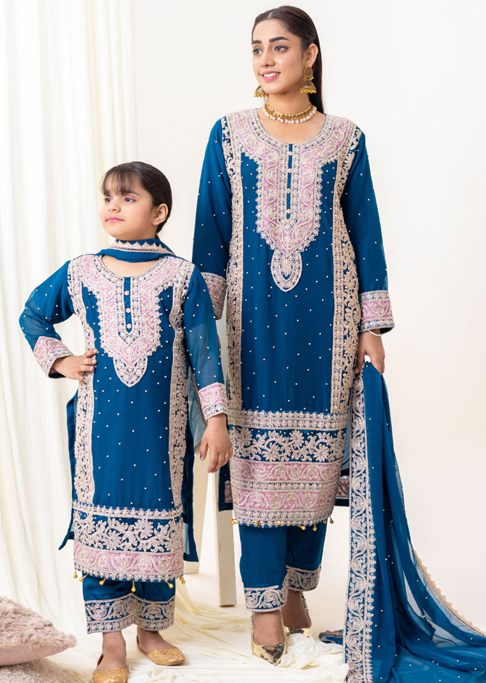 MMC-03 - Readymade - Naqsh Teal Mummy & Me Chiffon Collection 2024 - Memsaab Online