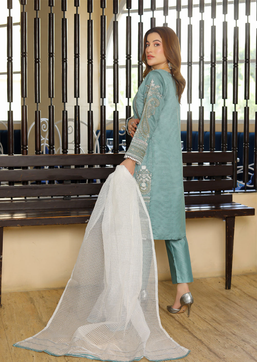 KLD304 Effat - Cyan Readymade Khadi Net Suit - Memsaab Online