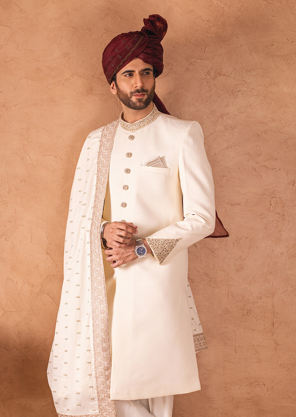 SHR-03 - Cream - Readymade Mens Sherwani 2024 - Memsaab Online